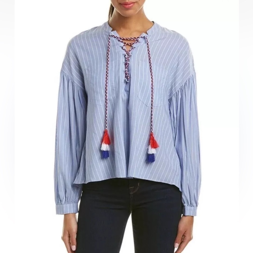 ANTHROPOLOGIE English Factory Serenity Blue Striped Nautical Lace-up Blouse Top